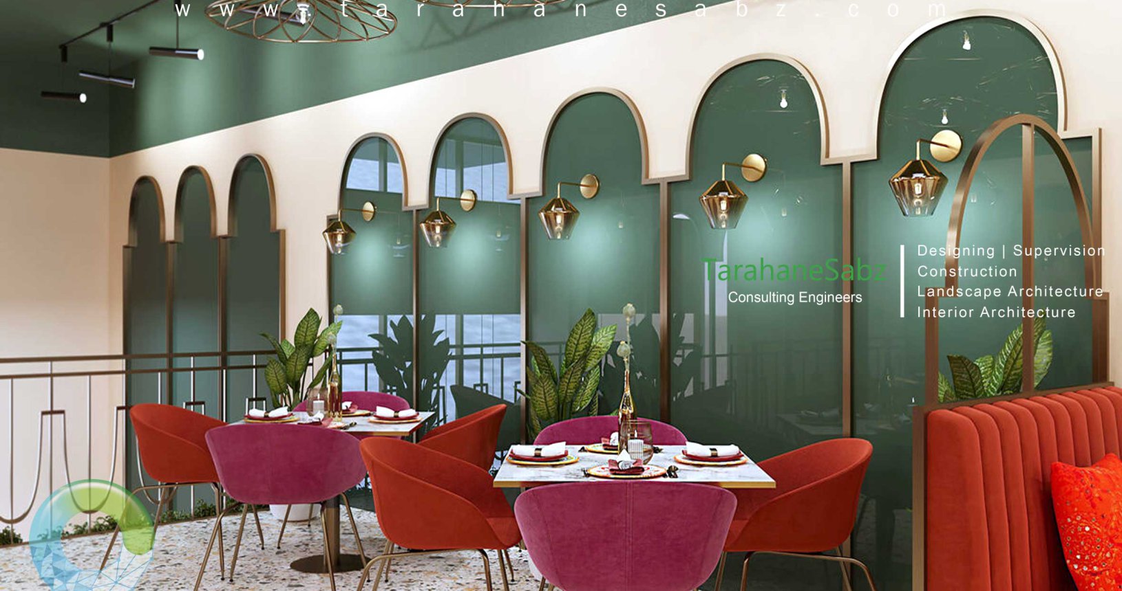 طراحی داخلی رستوران با دیوارهای سبز و مبلمان قرمز | طراحان سبز